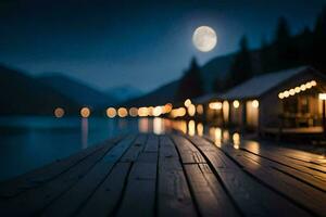 une Dock avec lumières sur il à nuit. généré par ai photo