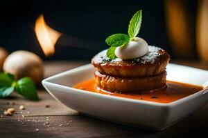 une assiette de nourriture avec une dessert sur Haut. généré par ai photo