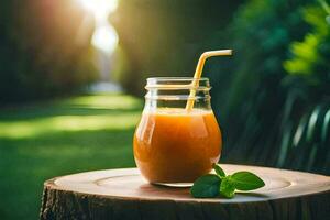 une verre pot avec un Orange smoothie sur une en bois souche. généré par ai photo