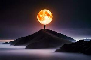 une homme des stands sur Haut de une Montagne avec une plein lune dans le Contexte. généré par ai photo