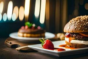 une Hamburger avec fraise sur une plaque. généré par ai photo