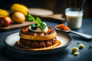 une assiette avec une dessert sur il. généré par ai photo