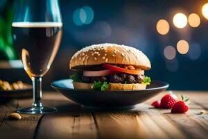 une Burger et une verre de Bière sur une en bois tableau. généré par ai photo