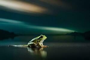 une grenouille séance sur le l'eau à nuit. généré par ai photo