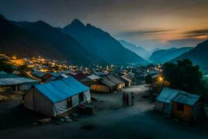 une village à crépuscule dans le montagnes. généré par ai photo