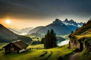 le Soleil monte plus de le montagnes dans le Contexte. généré par ai photo