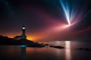 une phare est allumé en haut par une brillant lumière. généré par ai photo