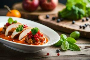 une assiette de nourriture avec poulet et des légumes. généré par ai photo