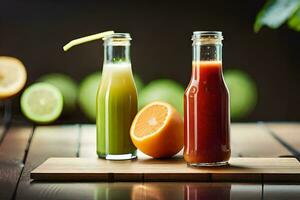 deux bouteilles de jus avec des oranges et citrons. généré par ai photo