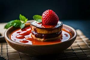 une bol de dessert avec des fraises et sirop. généré par ai photo