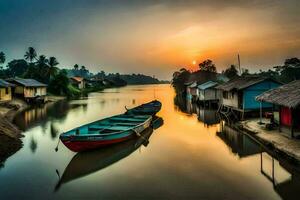 bateaux amarré sur le rivière à le coucher du soleil. généré par ai photo