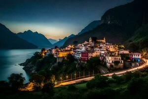 le village de castel di giorni est allumé en haut à nuit. généré par ai photo