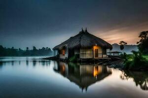 une cabane est assis sur le rive de une Lac à crépuscule. généré par ai photo