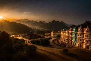 le Soleil ensembles plus de une magnifique bâtiment dans le montagnes. généré par ai photo