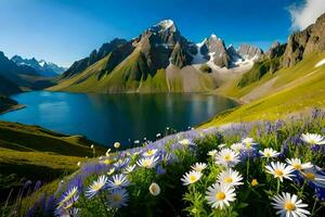 le fleurs sont épanouissement dans de face de une Lac et montagnes. généré par ai photo