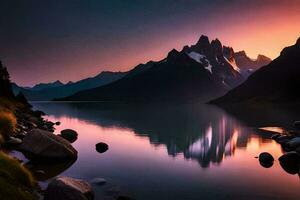 le montagnes sont réfléchi dans le l'eau à le coucher du soleil. généré par ai photo