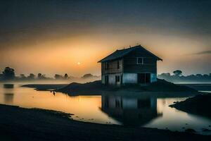 une petit maison est assis sur le rive de une Lac à lever du soleil. généré par ai photo