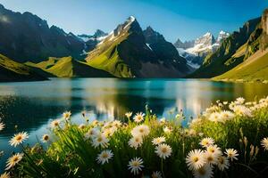 le montagnes sont réfléchi dans le l'eau. généré par ai photo