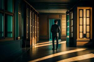 une homme dans une costume des stands dans une couloir avec lumière du soleil diffusion par le les fenêtres. généré par ai photo