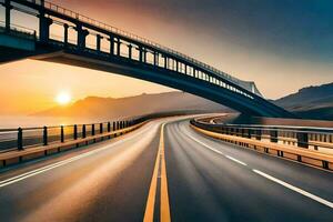 une Autoroute pont avec le Soleil réglage derrière il. généré par ai photo