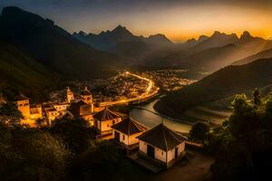 le Soleil ensembles plus de une village dans le montagnes. généré par ai photo