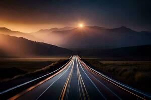 une longue exposition photographier de une route dans le désert. généré par ai photo