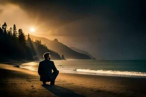 une homme séance sur le plage à le coucher du soleil. généré par ai photo