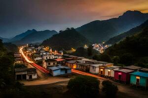 une village à crépuscule dans le montagnes. généré par ai photo