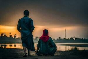 une homme et femme séance sur le sol à le coucher du soleil. généré par ai photo