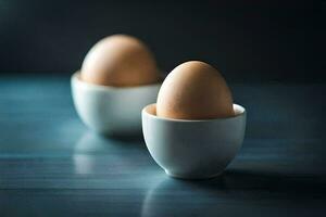 deux des œufs dans blanc tasses sur une foncé tableau. généré par ai photo