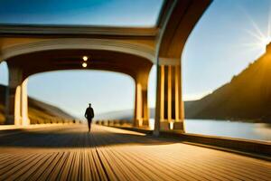 une la personne en marchant à travers une pont à le coucher du soleil. généré par ai photo