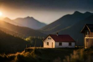 une petit maison est assis sur Haut de une colline avec une Montagne dans le Contexte. généré par ai photo