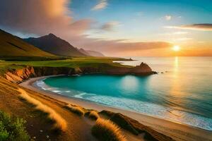 le Soleil monte plus de le océan et montagnes dans Islande. généré par ai photo