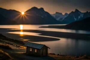 le Soleil ensembles plus de une petit cabine dans le montagnes. généré par ai photo