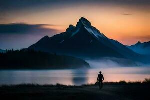 une homme est en marchant le long de le rive de une Lac à le coucher du soleil. généré par ai photo