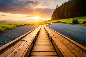 une en bois passerelle pistes à le le coucher du soleil. généré par ai photo