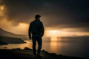 une homme permanent sur le bord de une falaise à la recherche en dehors plus de le océan. généré par ai photo