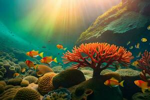 un sous-marin scène avec corail récifs et poisson. généré par ai photo