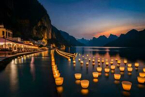 le lanternes sont allumé en haut sur le l'eau à nuit. généré par ai photo