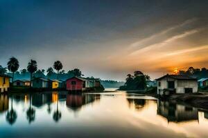 le coucher du soleil plus de une rivière avec Maisons et paume des arbres. généré par ai photo