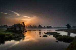 une petit maison est assis sur le bord de une Lac à le coucher du soleil. généré par ai photo