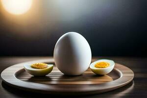 un Oeuf sur une en bois assiette avec une tranche de difficile bouilli œuf. généré par ai photo