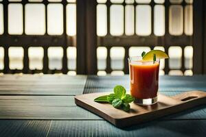 une verre de jus sur une en bois Coupe planche. généré par ai photo