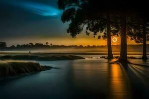 le Soleil monte plus de une rivière et des arbres. généré par ai photo