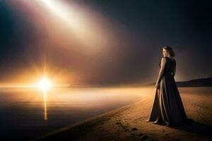 une femme dans une longue robe permanent sur le plage à le coucher du soleil. généré par ai photo