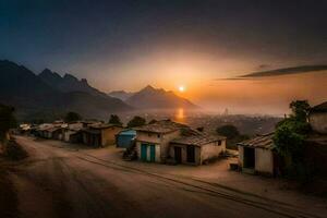 le Soleil ensembles plus de une village dans le montagnes. généré par ai photo