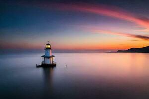 une phare est vu dans le milieu de le océan à le coucher du soleil. généré par ai photo
