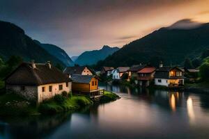 photo fond d'écran le ciel, montagnes, eau, Maisons, rivière, coucher de soleil, la Slovénie,. généré par ai