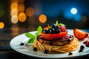 une assiette avec spaghetti, des fraises et myrtilles. généré par ai photo
