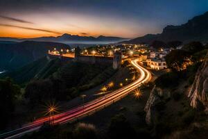 une ville à crépuscule avec une enroulement route et lumières. généré par ai photo